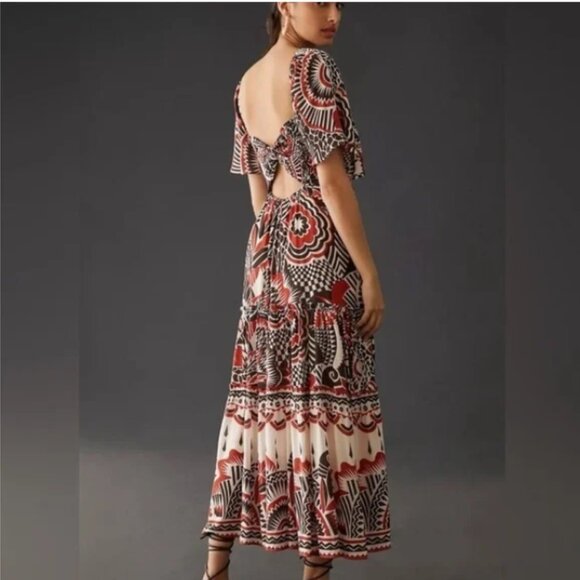Anthropologie Tiered Maxi Brown and Red Patterned Maxi Dress Size Small NWT - Picture 2 of 8